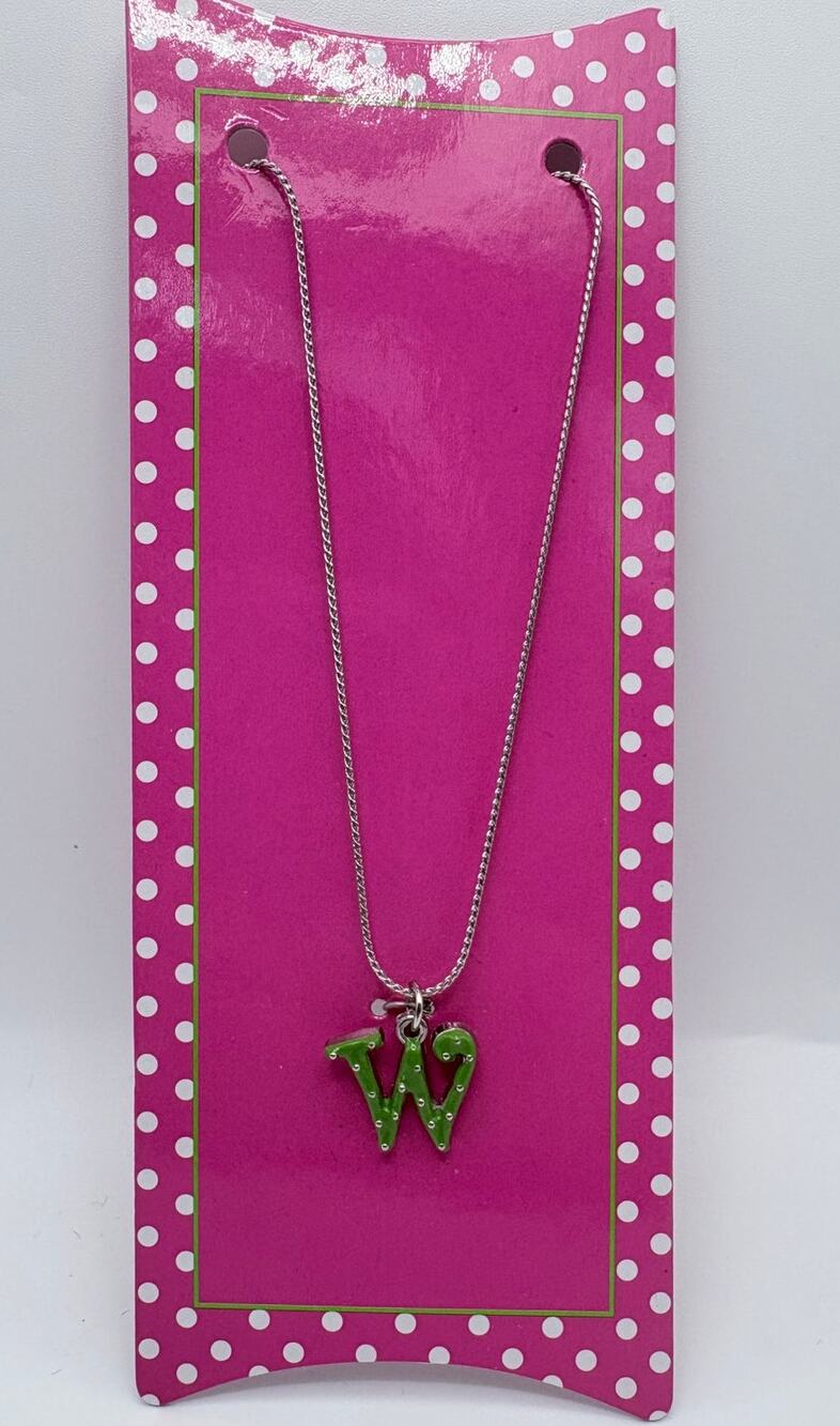 Initial “W” Pendant in Lime Green with Silver Polka Dots on Silver-tone Chain
